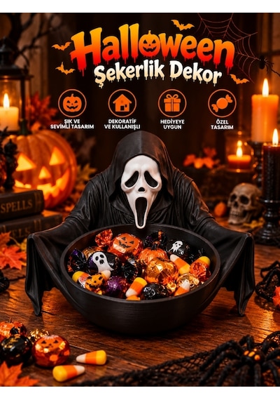 Halloween Cadılar Bayramı Dekoratif Maskeli Korku Figürlü Şekerlik Kase Masa Üstü Dekor