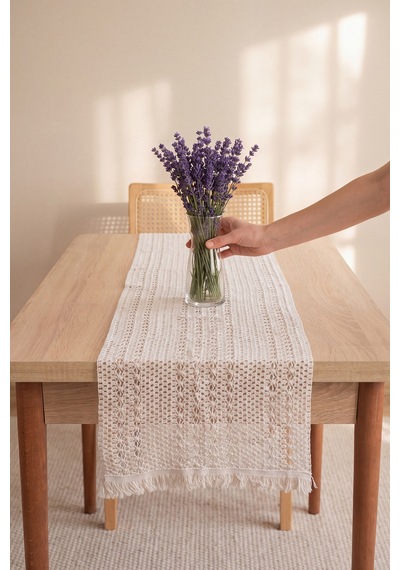 Krem Popillon Pamuklu Püsküllü Runner 35x145 Cm