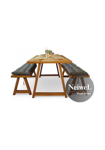 Neiwel Dore Doğal Ahşap Banklı Yemek Masası Takımı-80-220 Takım Açık Ceviz