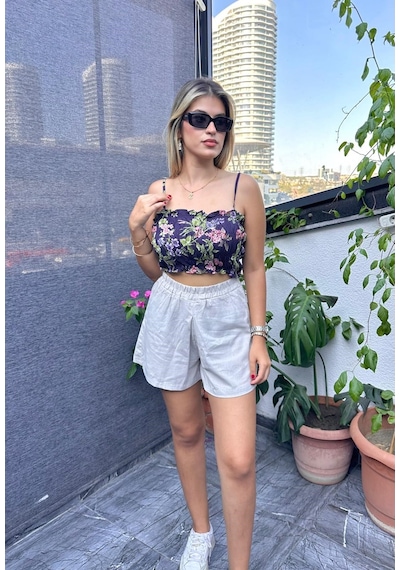 Desenli Crop Top ,kadın Bluz , Büstiyer , Pamuklu Crop Bluz Lacivert
