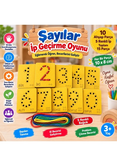 Eğitici Ahşap Sayılar Ip Geçirme Montessori El Kası Geliştirme