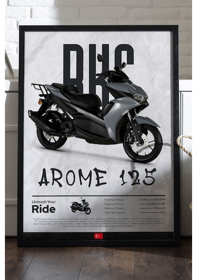 Rks Arome 125 Siyah Ahşap Çerçeveli Poster, Motosiklet Duvar Tablosu
