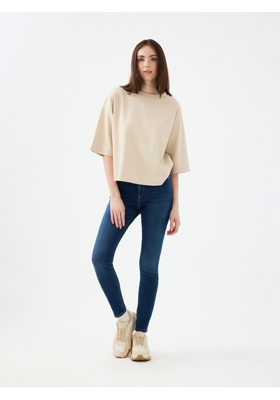 Loose Long Crop Kadın Tshirt K.kol Bej