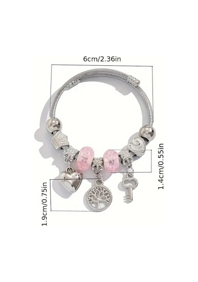 Yeni Tarz ,pembe Hayat Ağacı Crystal Kalp Aşk , Sevgi Charmlı Bileklik, Ahşap Kutu İçerisinde Gümüş Gümüş