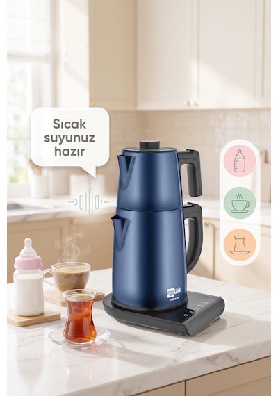 Egetürk TeaDem Vox Konuşan Dokunmatik Çay Makinesi Mama Suyu Hazırlama 1850W 1.7L Kettle 1.2L Demlik Mavi