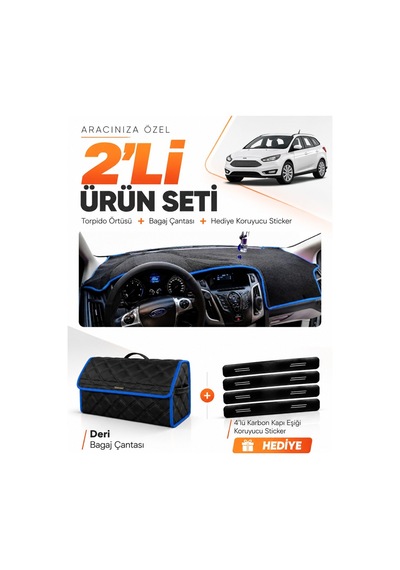Ford Focus 3.5 Station Wagon 2014-2018 Uyumlu Torpido Örtüsü + Deri Çanta Seti - Siyah Mavi
