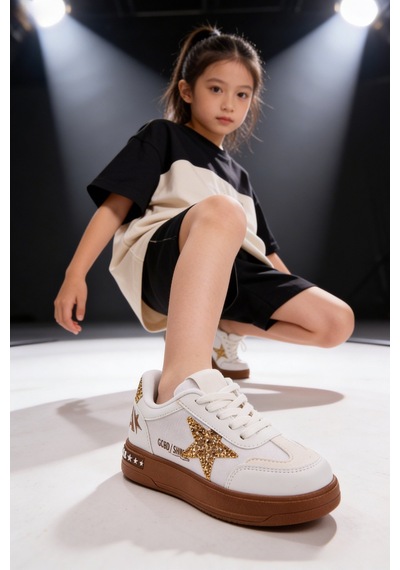 Muggo Galaxy Yıldız Detaylı Bağcıklı Çocuk Günlük Sneaker Spor Ayakkabı Beyaz