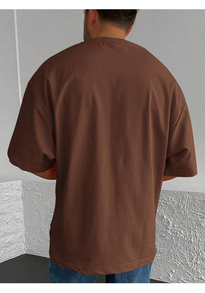 Beach Logo T-shirt - Kahve Baskılı Oversize Bisiklet Yaka Kısa Kol Kahverengi