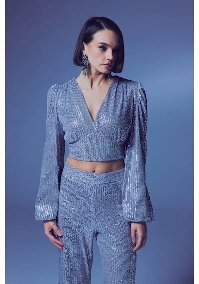 Sateen Kruvaze Payetli Crop Bluz - Gümüş