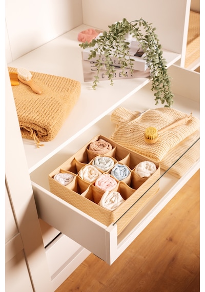 Serstil 16 Gözlü Çekmece İçi Dolap Çorap / İç Çamaşırı Katlanabilir Düzenleyici Organizer Kutu 28x28x12 Cm Martı Bej