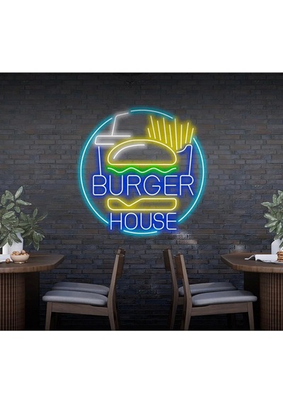 Burger House Yazılı Ve Şekilli Neon Tabela Mavi