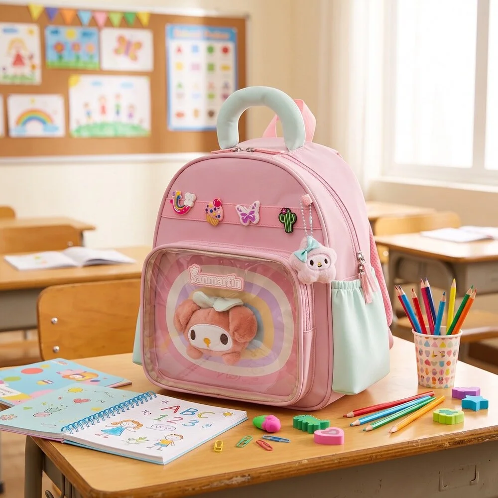Peluşlu Ve Karışık Figürlü Rozetli Kız 3-7 Yaş Çocuk Sırt Çantası Anaokulu Kreş Çantası Pembe