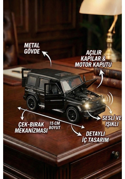 1:32 Metal Çek Bırak Mercedes G65 Siyah Sesli Ve Işıklı Kapıları Açılan Oyuncak Arazi Aracı