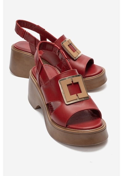 Luvi Shoes Lucıa Kırmızı Tokalı Hakiki Deri Kadın Dolgu Topuklu Sandalet