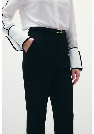 Sateen Kemerli Pantolon - Siyah-136317 Siyah
