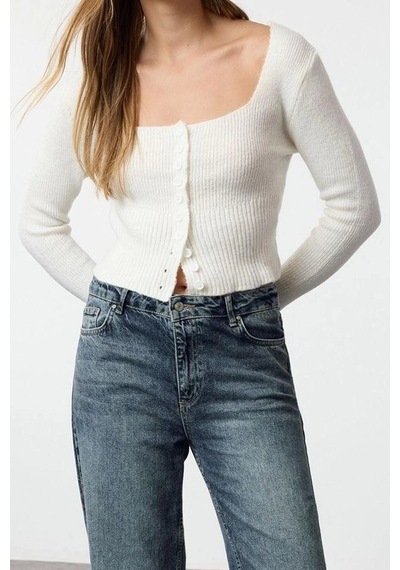 Frm Kadın Moda Şık Crop Kare Yaka Regular Crop Kare Yaka Triko Hırka Ekru