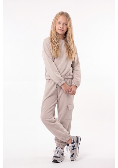 Fyk Kids 3 İplik Kız Çocuk Düz Kısa Bel Sweatshirt Bisiklet Yaka Eşofman Takımı Bej