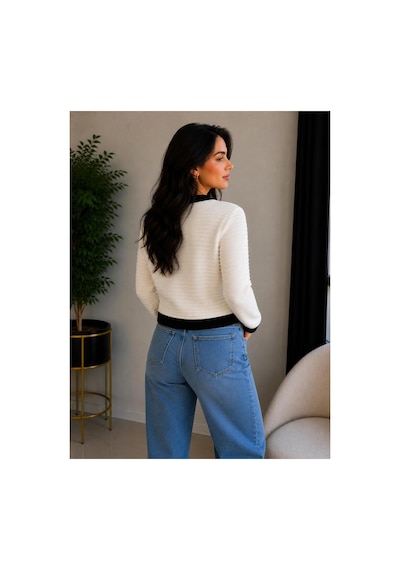 Hira Life Fashion Kadın V Yaka Düğmeli Şeritli Kısa Crop Ceket-hırka Bej Bej