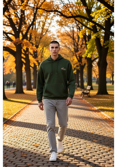 Benerly Erkek Kapüşonlu Düşük Kol Sweatshirt Slogan Nakışlı Fonksiyonel D Haki