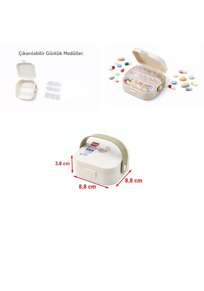 Taşıma Kulplu 7 Bölmeli İlaç Kutusu Çıkarılabilir Bölmeli Küçük Ebat 8,8cm X 8,8cm X 3,8cm 1 Adet