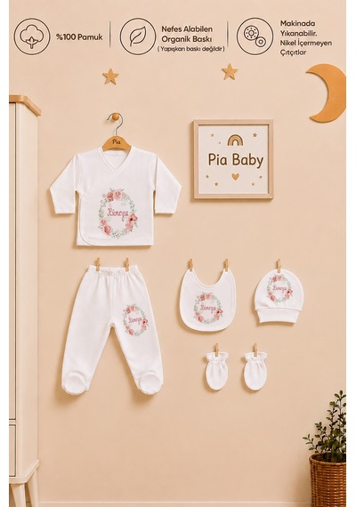 Pia Baby Kız Bebek 5'li Zıbın Seti %100 Pamuk İsimli Kişiye Özel Organik Baskılı 2091z0x Krem