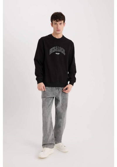 DeFacto Regular Fit Bisiklet Yaka Baskılı Sweatshirt E3205AX24WNBK81 Siyah