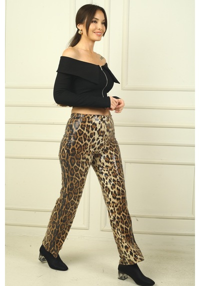 By Saygı Kadın Beli Lastikli Pulpayet İspanyol Paça Yarım Astarlı Leopar Desen Pantolon Bej