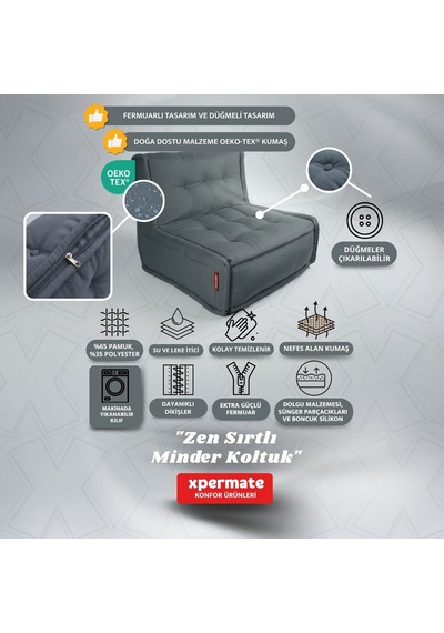 Xpermate Zen Sırtlı Minder İskandinav Tarzı Minder 80x60 Antrasit
