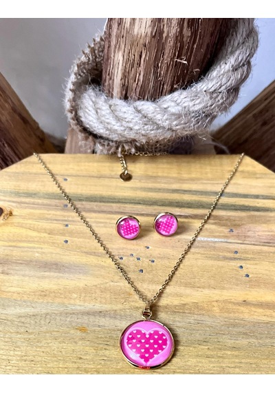 316l Çelik Pembe Kalp Figürlü Kolye Küpe Hediyelik Set