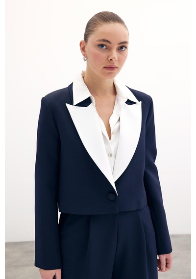Sateen Kontrast Kısa Ceket - Lacivert-134449 Lacivert