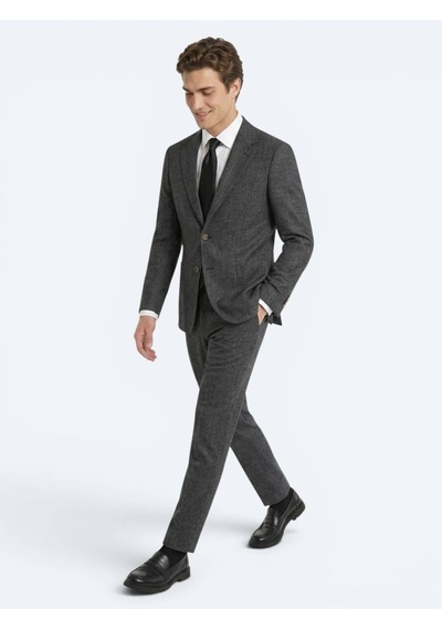 Kip Siyah Desenli Modern Fit Keten Karışımlı Takım Elbise