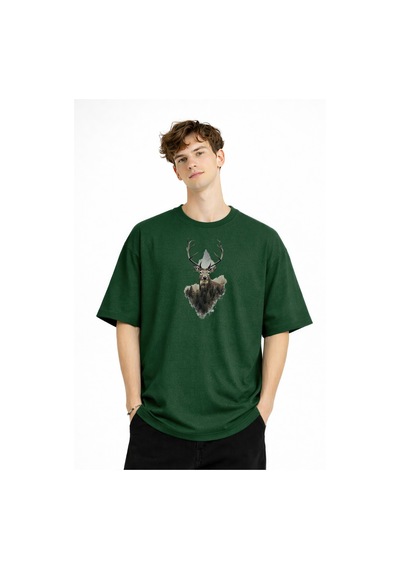 Misa Tahtakale Deer - Oversize Erkek Tişört Hakı Çok Renkli