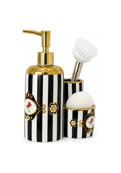 Hürrem Love Birds Porselen Sabunluk Seti Hediye Metal Saplı Fırça Ve Beyaz Sünger , Altın Pompalı Mutfak-banyo Organizeri, 20 X 13.5 Cm Beyaz - Siyah