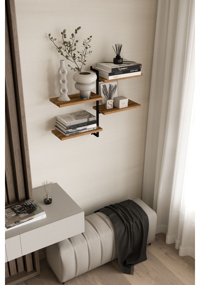 Aju 4 Katlı Duvar Rafı Metal Çerçeveli Dekoratif Kitaplık Ve Raf Ünitesi Modern Ve Minimalist Tasarımm Siyah
