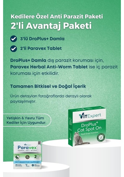2'li Set Kedi İç Dış Bakım Tüm Kediler İçin Bitkisel 3 Damla Ve 2 Tablet Paketi