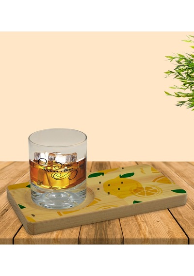 Kişiye Özel Limon Tasarımlı Doğal Ahşap Tabaklı Viski Bardağı Sun