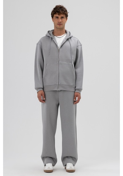 Vamos Basic Fermuarlı Oversize Kapüşonlu Sweatshirt Gri