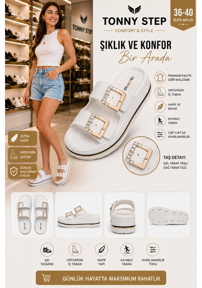 Tonny Step Dubai 7 Hafif Şık Tek Parça Ortopedik Plaj & Günlük Terliği Kare Tokalı - Bayaz Tonny Step Dubai 7 Hafif Şık Tek Parça Ortopedik Plaj & Günlük Terliği Kare Tokalı - Bayaz