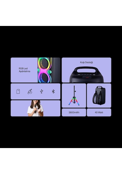 Mikado Md-66bt Thunderbag 40w 3600mah Çanta Taşıma Özellikli Usb/bt/tf/tws Rgb Işıklı Kablosuz Mikrofonlu Hoparlör