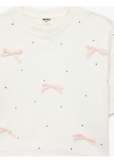 Koton Fiyonk Ve Taş Detaylı Ekru Kız Çocuk T-shirt 6skg10192a Ekru