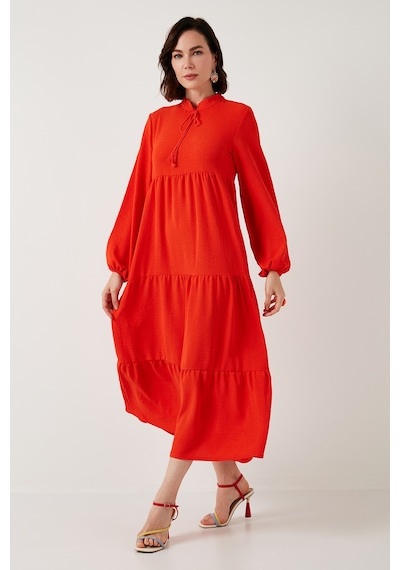 Lela Modest Regular Fit Dik Yaka Uzun Bayan Elbise 611El545 Oranj