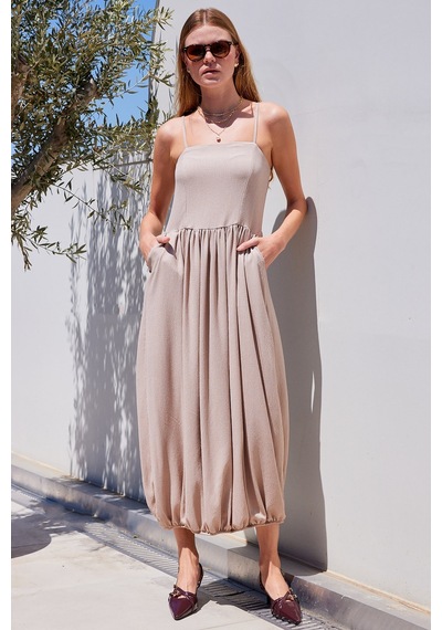 Bigdart 2492 Askılı Örme Salopet Elbise - Bej 001