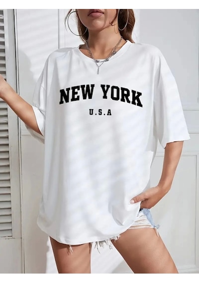 Efnaz Style New York Baskılı Oversize Bisiklet Yaka T-shirt - Beyaz