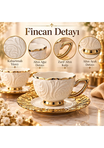Valkyrie Hürrem Serisi 6 Kişilik 12 Parça Kahve Fincan Takımı 100ml Kabartmalı Altın Detaylı Set Beyaz Altın