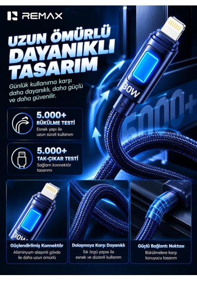 Remax Cb11-cl 30w Pd Type-c To Lightning 7 Renk Led Işıklı Örgülü Hızlı Şarj Ve Data Kablosu 1.2 Metre Lacivert