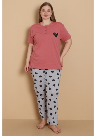 Wordex Mirano 4515 Kalpli Kısa Kollu Pamuklu Penye Büyük Beden Kadın Pijama Takımı Gül Kurusu Wordex Mirano 4515 Kalpli Kısa Kollu Pamuklu Penye Büyük Beden Kadın Pijama Takımı Gül Kurusu