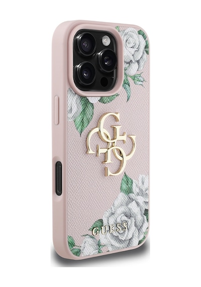 Apple Uyumlu iPhone 16 Pro Max Kılıf Guess Lisanslı Beyaz Gül Baskılı Büyük 4g Metal Logolu Kapak Pembe