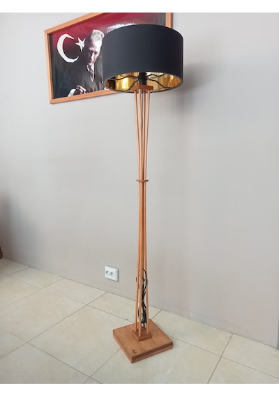 Siyah Gold Başlıklı Açık Meşe Ahşap Lambader Gold Siyah