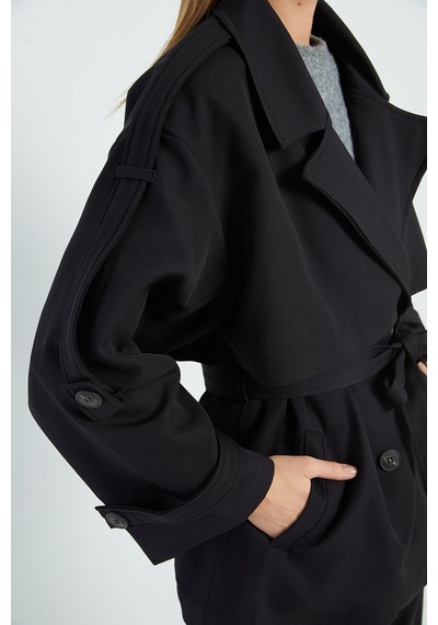 Fullamoda Beli Kemerli Kruvaze Yaka Oversize Trençkot Siyah