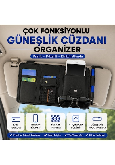 Coofbe Araç İçi Güneşlik Organizer Cüzdan Çok Bölmeli Telefon Gözlük Kart Kalem Tutucu Oto Düzenleyici